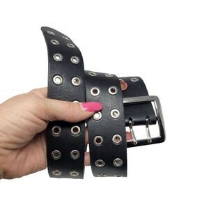 Black Silver Double Grommet Vegan Faux Leather Belt‎ Unisex Punk Alternative